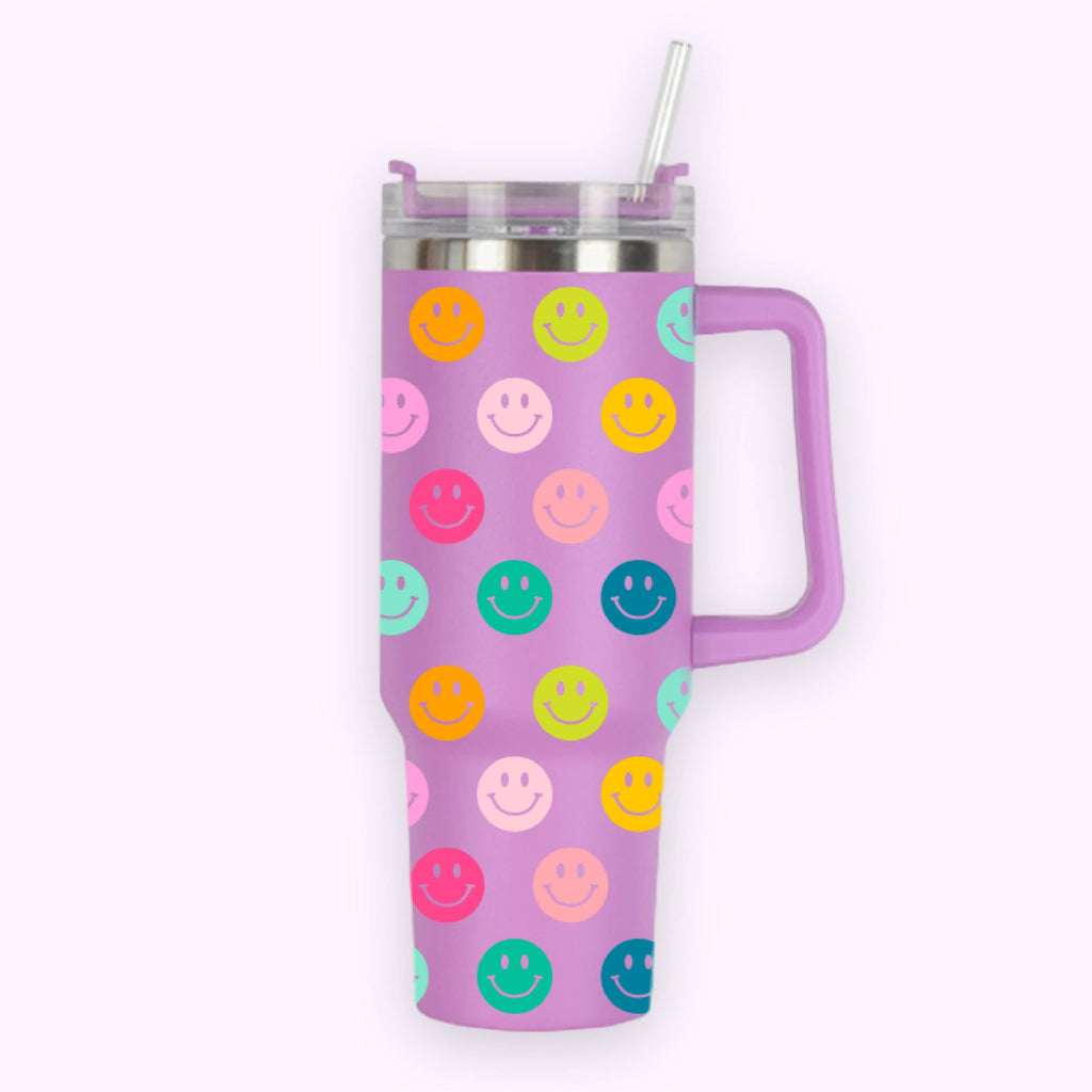 40oz Tumbler with Handle | Berry Rainbow Smiley Face