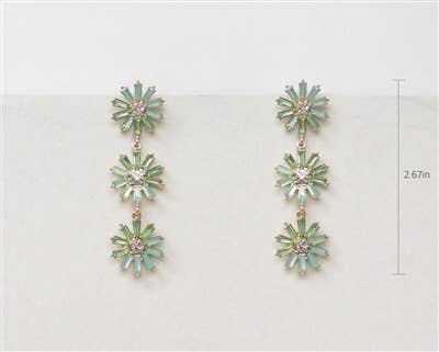 Mint Rhinestone Triple Drop Flower 2" Earring