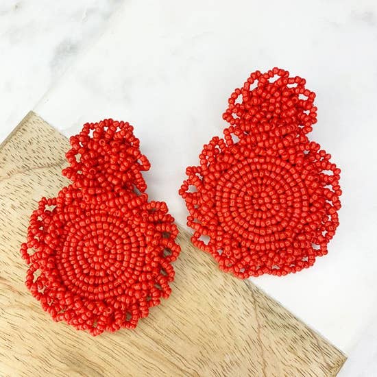 Red Beaded Double Circle Statement Earrings