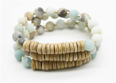 Set of Three Natural Stone and Wood Stretch Bracelet