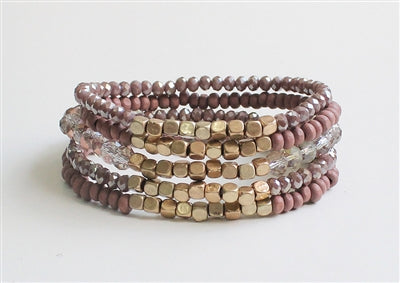 Dark Rose Pink set of 5 With Gold Nugget Stretch Bracelet