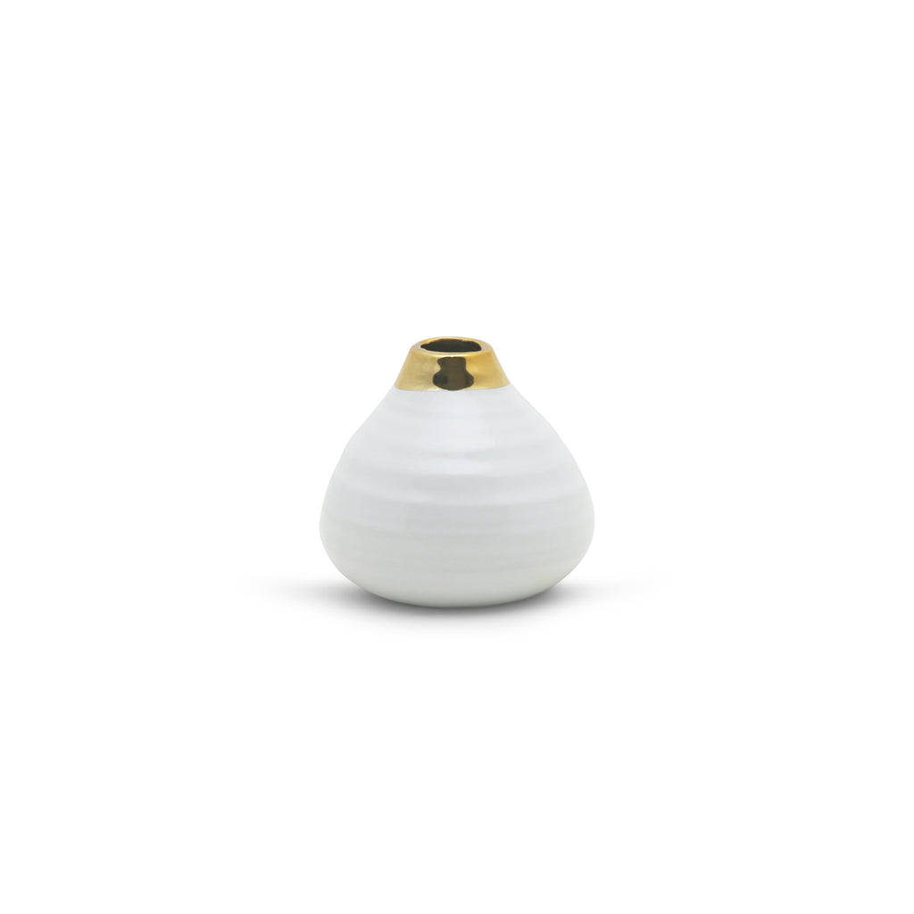 Small White Round Bud Vase with Gold Rim
