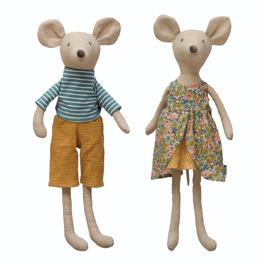Plush Mouse in Floral Dress/Striped Shirt and Pants