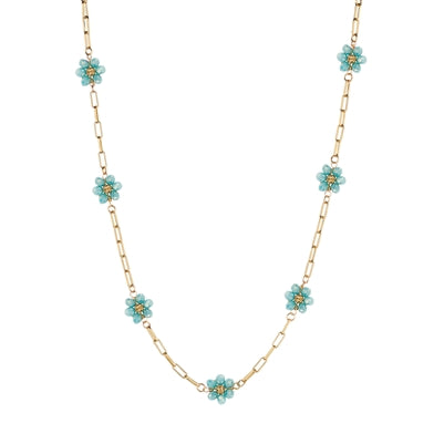 Gold Chain with Blue Crystal Beaded Flower Accents 16"-18" Necklace