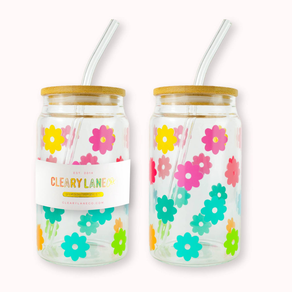 16oz Clear Glass Tumbler with Bamboo Lid | Rainbow Flowers