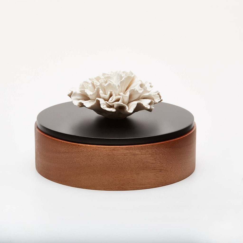 Box Chan (Wood & Black) - Acacia wood and porcelain flower.