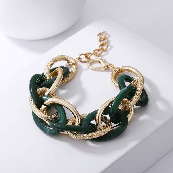 Trixi Green & Gold Resin Chain Link Chunky Bracelet