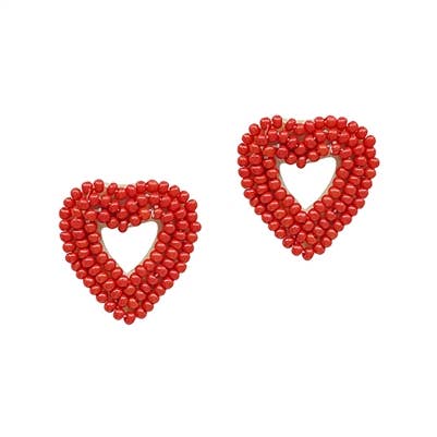 Red Seed Bead Heart .5" Stud Earring