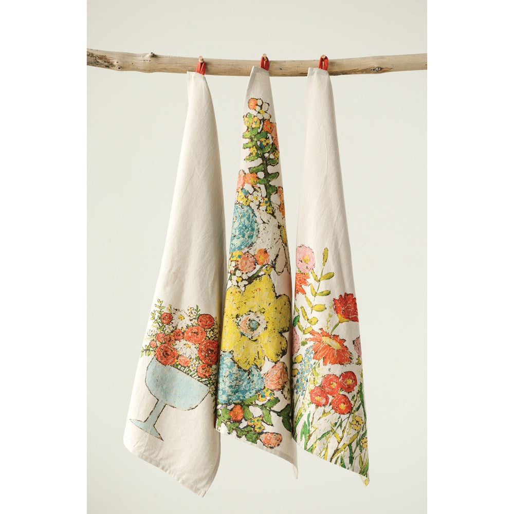 Cotton Tea Towel w/ Flowers, 3 Styles