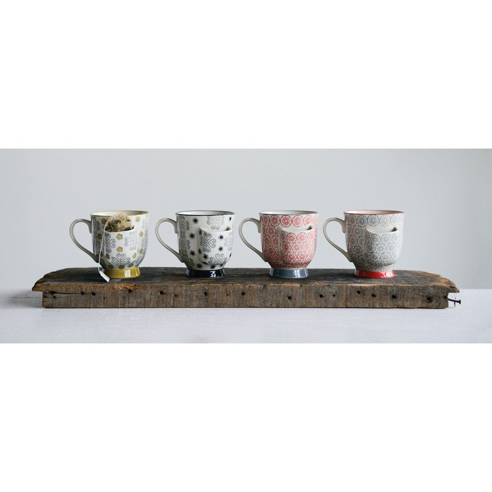 Hand-Stamped Stoneware Mug w/ Tea Bag Holder , 4 Styles