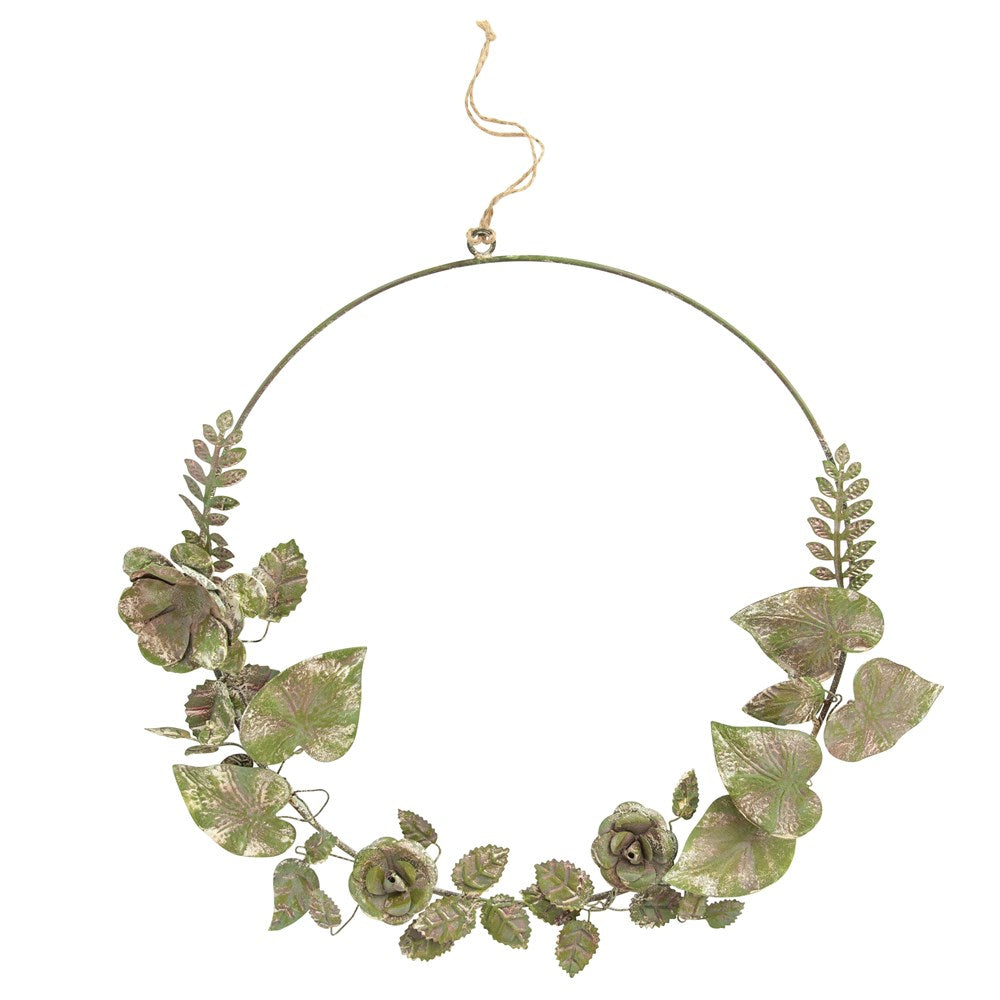 Round Metal Tole Floral Wreath, Distressed Green & Plum Finish