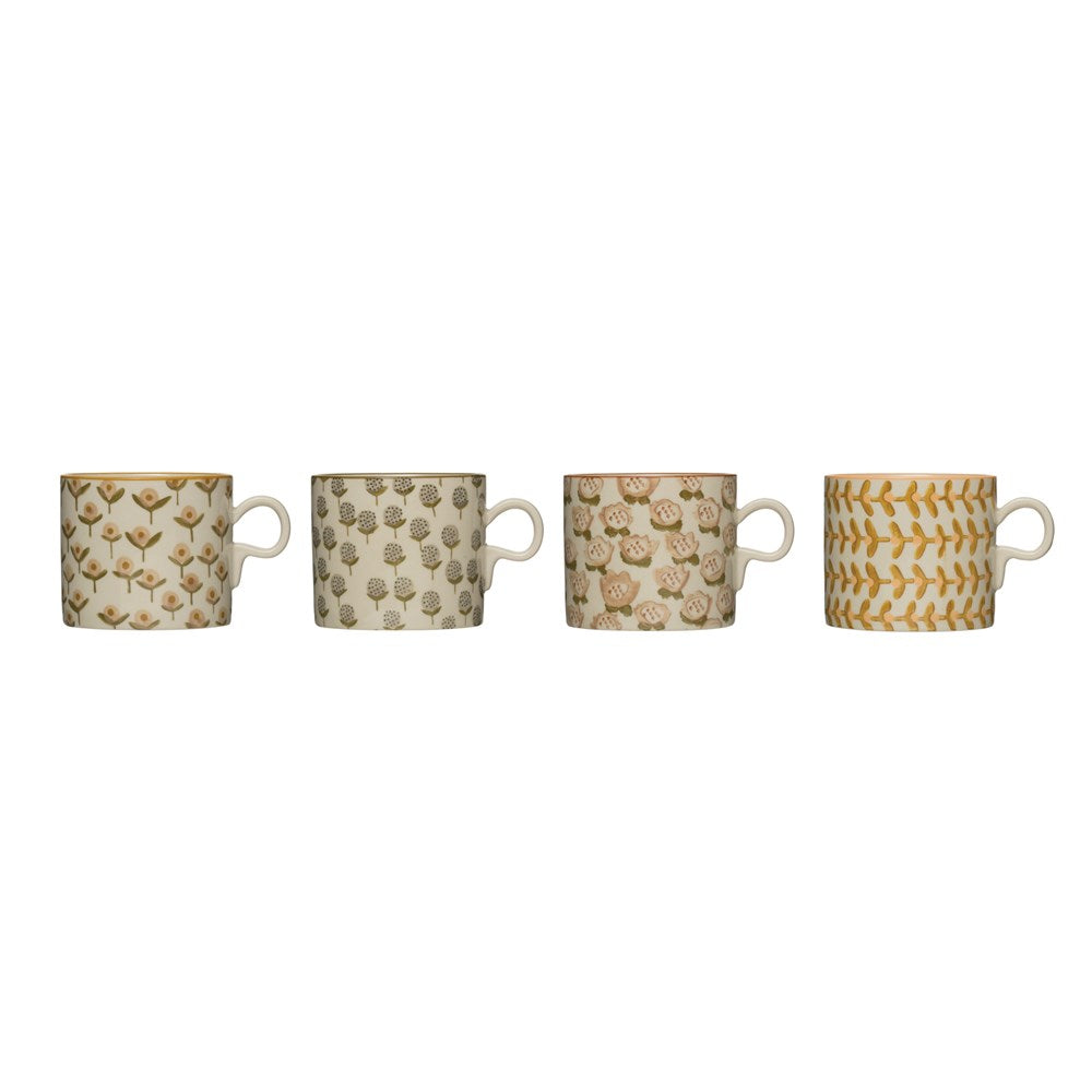 Hand-Stamped Stoneware Mug w/ Floral Pattern, 4 Styles