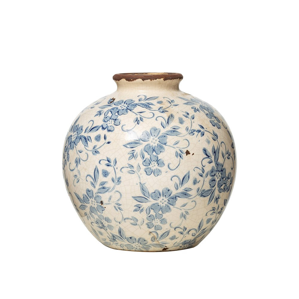 Terra-cotta Vase w/ Transferware Pattern, Blue & White