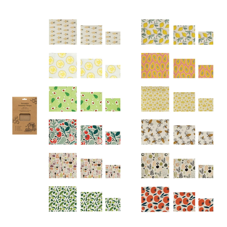 Reusable Fabric Beeswax Food Wraps with Prints, Set of 3