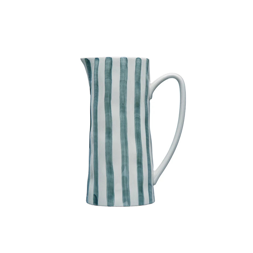 Hand-Painted Stoneware Pitcher with Stripes, White and Blue