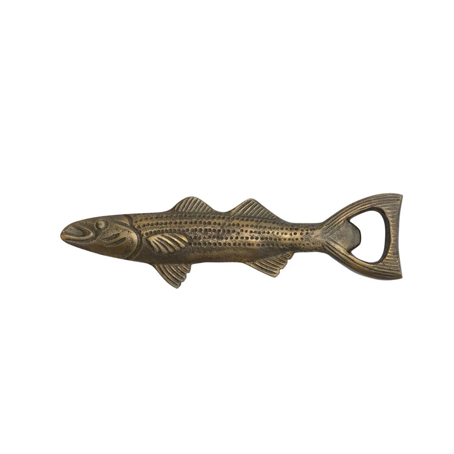 Cast Aluminum Fish Shaped Bottle Opener, Antique Gold Finish