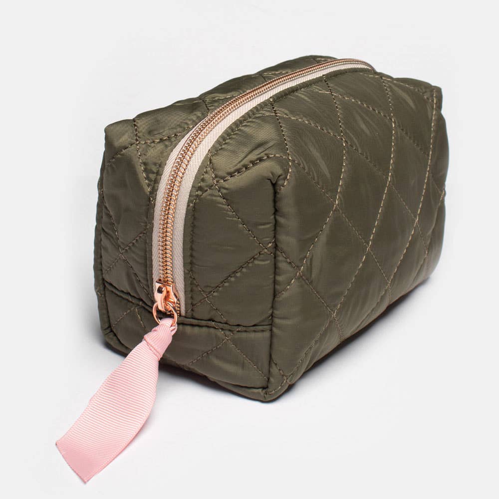 Khaki Quilted Nylon Cube Cosmetic Bag