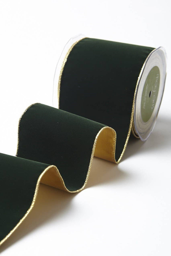 4" Dark Green Velvet Reversible Gold Wired Ribbon