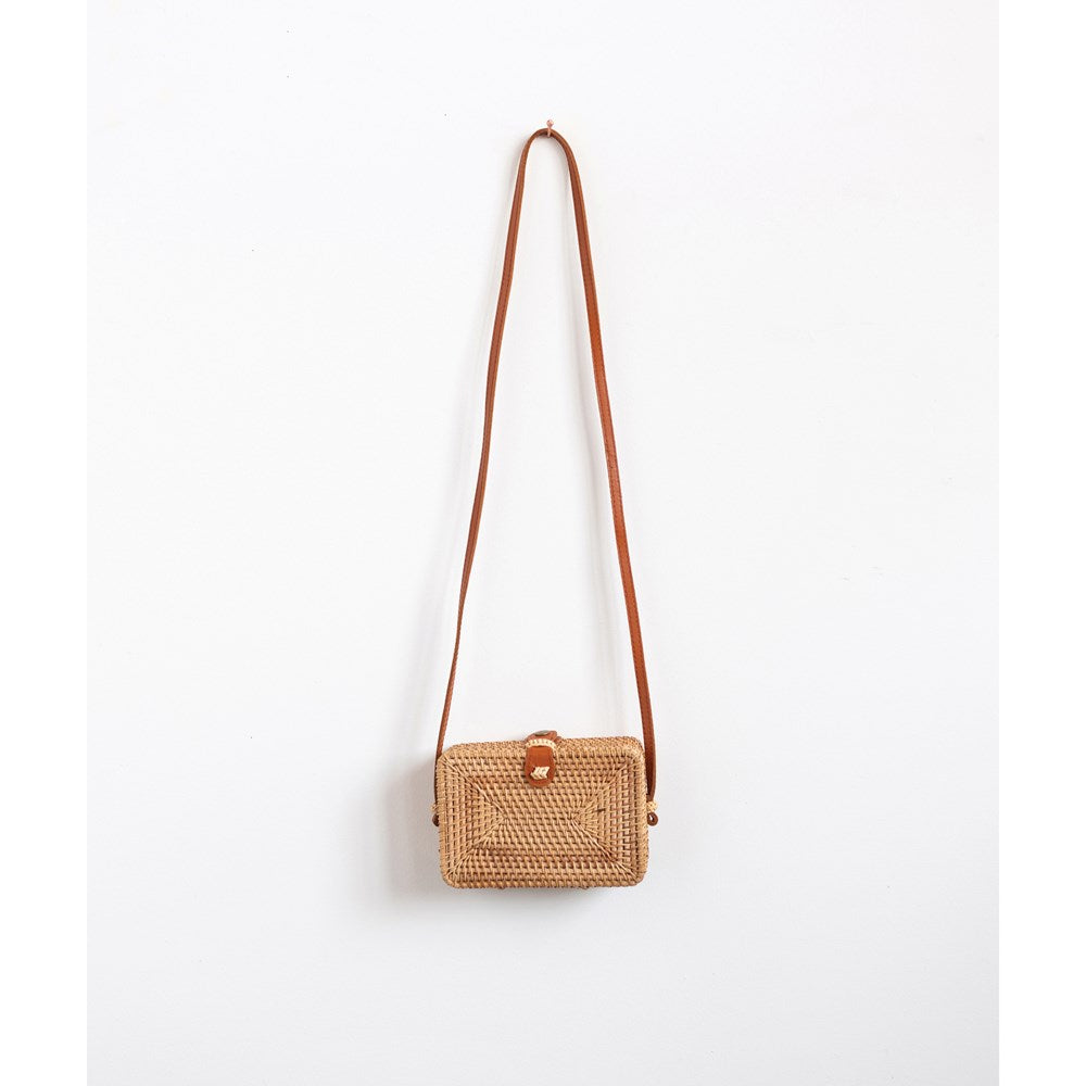 Woven Rattan Siena Shoulder Bag w/ Leather Strap & Clasp